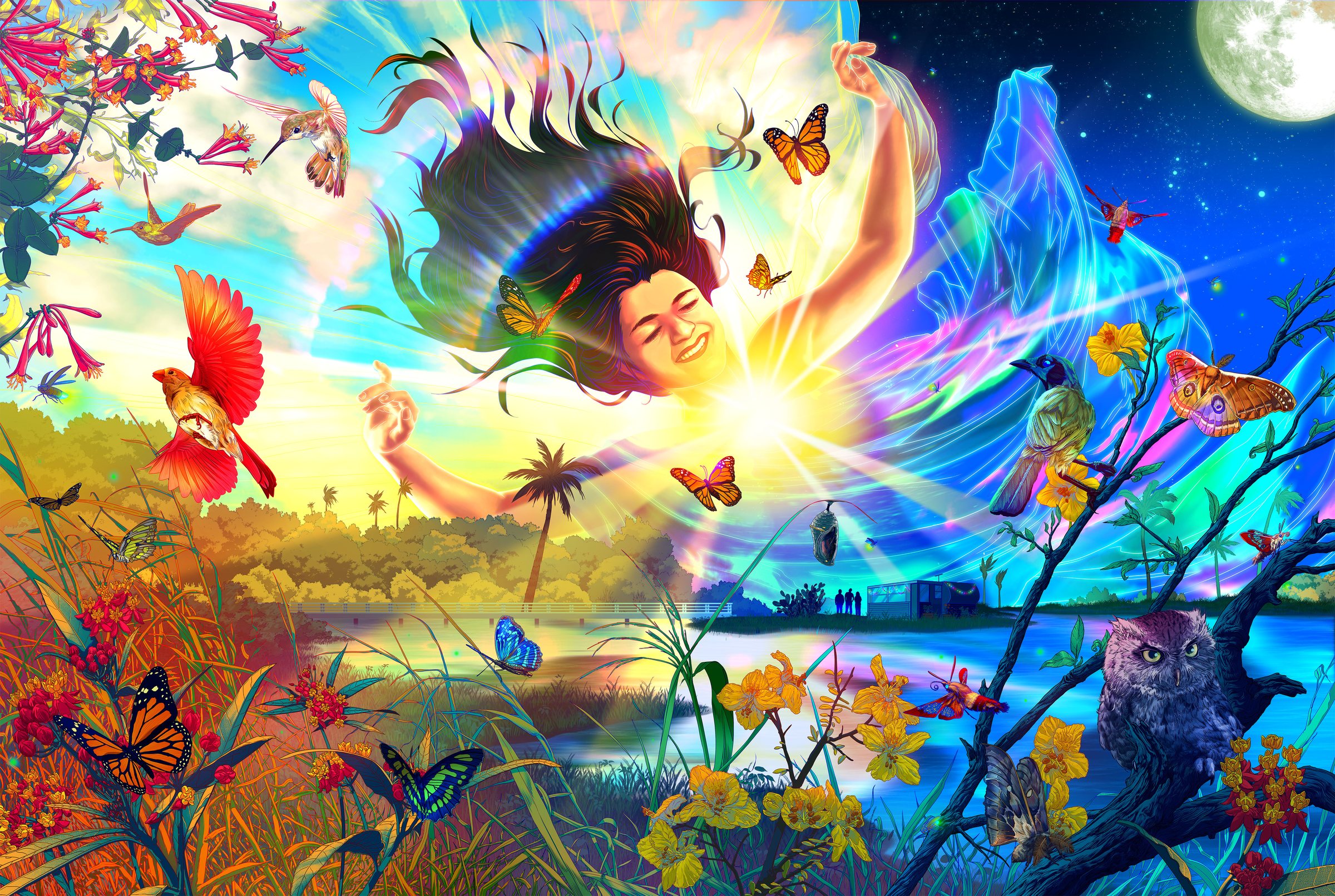 Lori - The Celestial Sun of Life: an illustration of Lori radiating like the sun, surrounded by butterflies, birds, flowers, the moon, and the natural world she loved.